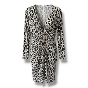 CALVIN KLEIN Women's Geo Print Faux Wrap Dress Long Sleeve Black Gray Size 14